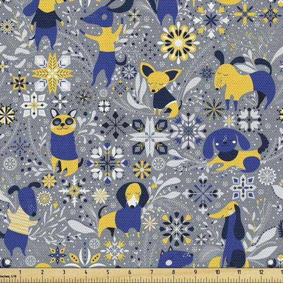 Ambesonne Dog Lover Fabric by the Yard Upholstery, Chaotic Various Puppies, 3 Yards, Multicolor