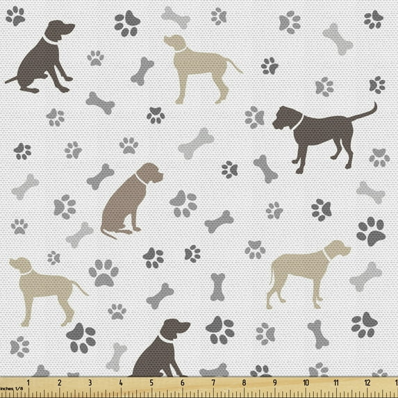 Dog Lover Fabric by the Yard, Paw Print Bones Dog Silhouettes American Foxhound Breed Playful Pattern, Decorative Upholstery Fabric for Chairs & Home Accents, 2 Yards, Umber Beige Grey by Ambesonne