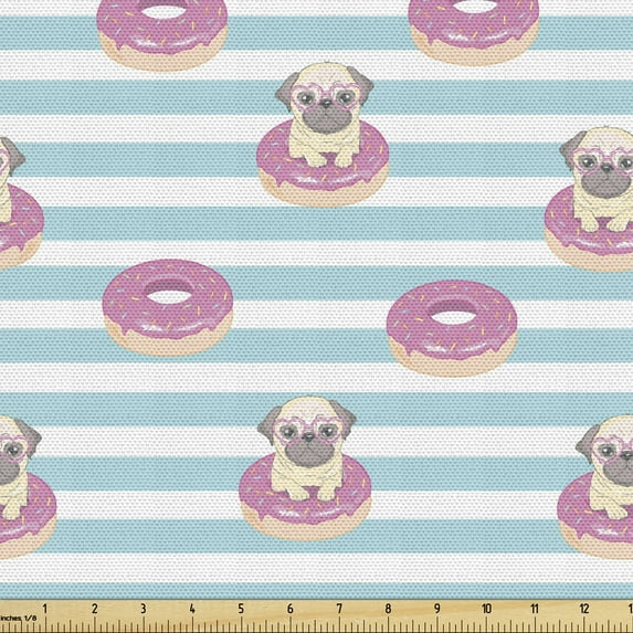 Ambesonne Dog Lover Fabric by the Yard Upholstery, Pug Heart Glasses Donut, 10 Yards, Multicolor