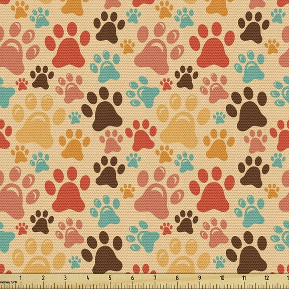 Ambesonne Dog Lover Fabric by the Yard Upholstery, Colorful Paw Print, 3 Yards, Multicolor