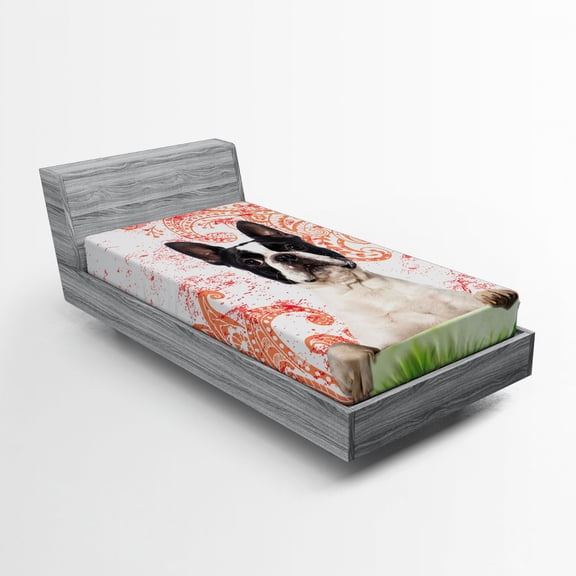 Dog Lover Fitted Sheet, Happy Pet Animal on Swirls and Curlicues Backdrop Vintage Elements Detailed Motif, Soft Decorative Fabric Bedding, Twin Size, Multicolor, by Ambesonne