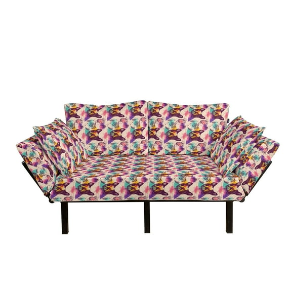 Dog Lover Futon Couch, Colorful Crystals Pattern Triangles Sixties Inspired Psychedelic Boston Terrier, Daybed with Metal Frame Upholstered Sofa for Living Dorm, Loveseat, Multicolor, by Ambesonne