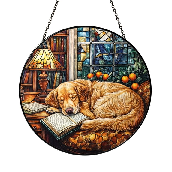 Dog Lover Golden Retriever Sun Catcher Bookshelf Scene Window Ornament ...