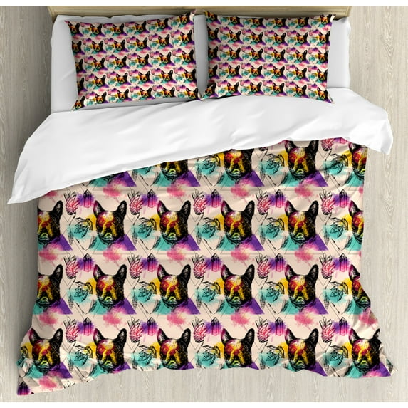 Dog Lover King Size Duvet Cover Set, Colorful Crystals Pattern Triangles Sixties Inspired Psychedelic Boston Terrier, Decorative 3 Piece Bedding Set with 2 Pillow Shams, Multicolor, by Ambesonne