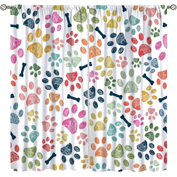 Dog Lover Kitchen Curtains, Hand Drawn Paw Print Doodles Circular Pattern Children Drawing Style Animal, Window Drapes Set 2 Panels,72x63 Inches