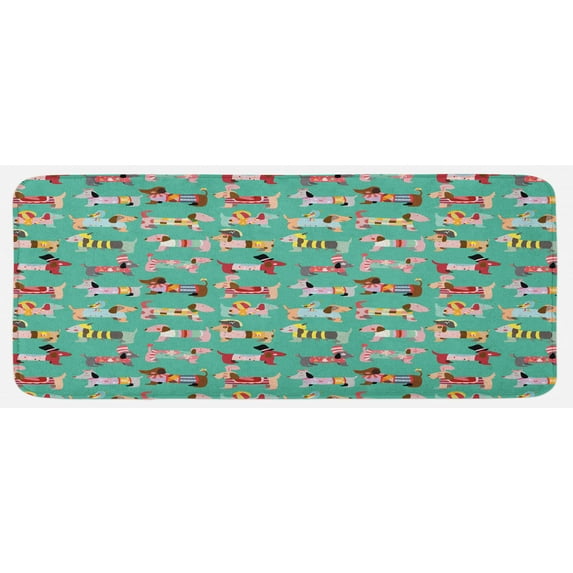 Dog Lover Kitchen Mat, Abstract Puppy Pattern Human Clothing Fun Dress Theme Domestic Animals, Plush Decorative Kitchen Mat with Non Slip Backing, 47" X 19", Multicolor, by Ambesonne