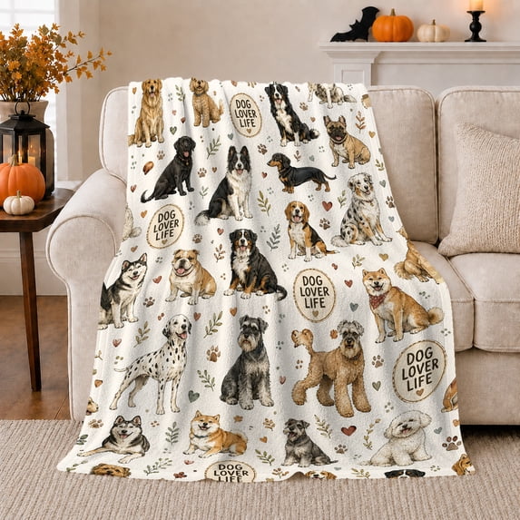 Dog Lover Life Theme Watercolor Dog Illustration Pattern, Playful Pet Portrait Pattern, Warm Flannel Blanket for Cabin and Lodge, Dog Moms Father's Day Gift, Pet Lover Home Decor