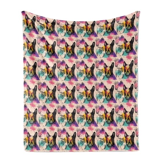 Dog Lover Soft Flannel Fleece Blanket, Colorful Crystals Pattern Triangles Sixties Inspired Psychedelic Boston Terrier, Cozy Plush for Indoor and Outdoor Use, 70" x 90", Multicolor, by Ambesonne
