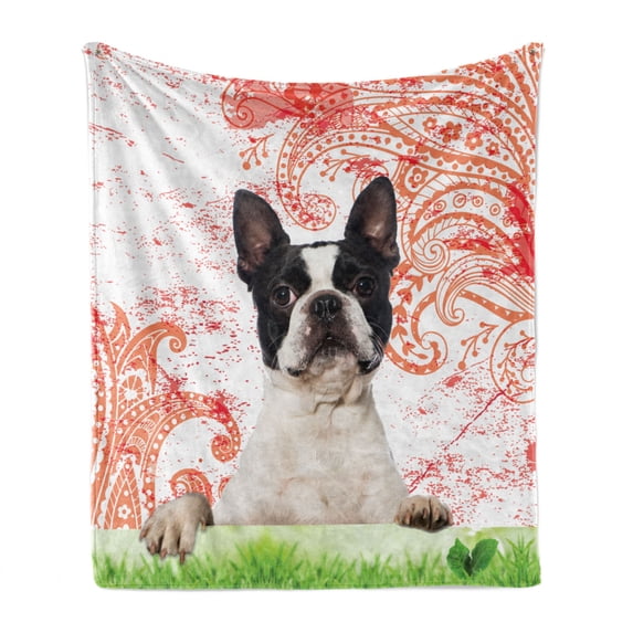 Dog Lover Soft Flannel Fleece Blanket, Happy Pet Animal on Swirls and Curlicues Backdrop Vintage Elements Detailed Motif, Cozy Plush for Indoor and Outdoor Use, 50" x 60", Multicolor, by Ambesonne
