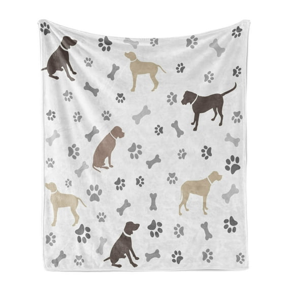 Dog Lover Soft Flannel Fleece Blanket, Paw Print Bones and Dog Silhouettes American Foxhound Breed Playful Pattern, Cozy Plush for Indoor and Outdoor Use, 60" x 80", Umber Beige Grey, by Ambesonne
