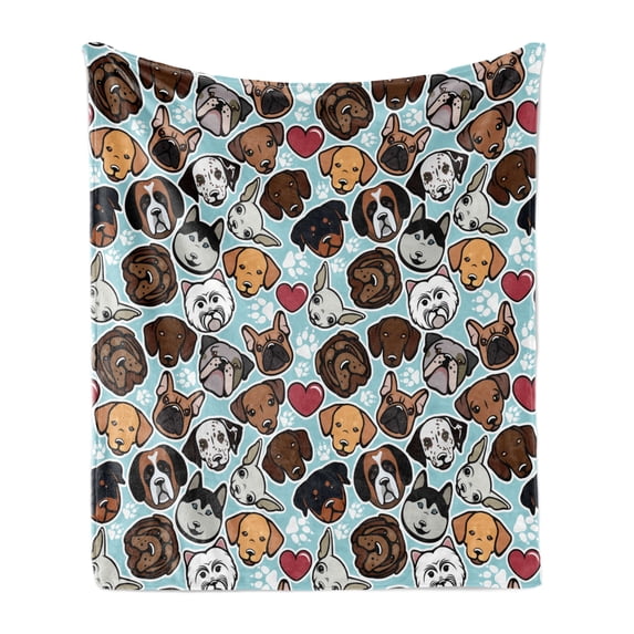 Dog Lover Soft Flannel Fleece Throw Blanket, Canine Breeds Bulldog Chihuahua Siberians and Retriever Love Heart Paw Prints, Cozy Plush for Indoor and Outdoor Use, 60" x 80", Multicolor, by Ambesonne
