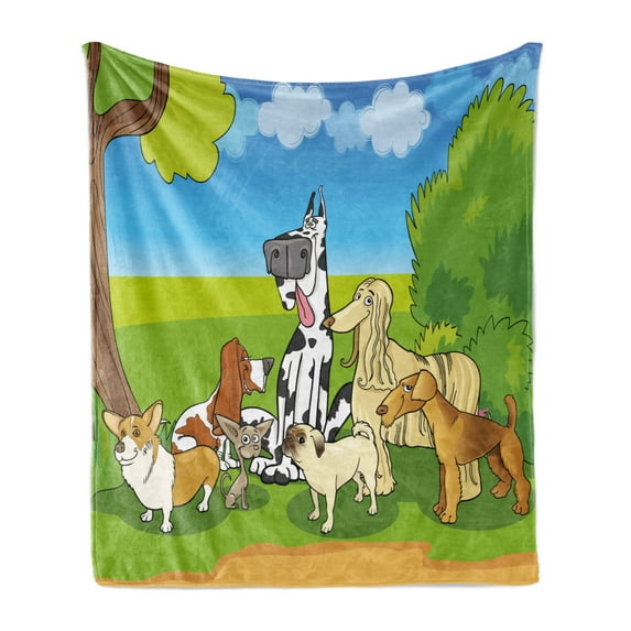 Dog Lover Soft Flannel Fleece Throw Blanket, Cartoon Illustration of Funny Purebreds at Forest in a Happy Sunny Day, Cozy Plush for Indoor and Outdoor Use, 70" x 90", Multicolor, by Ambesonne