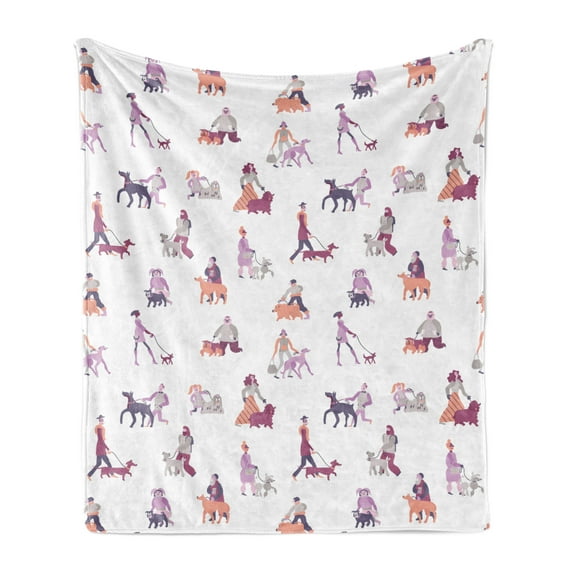Dog Lover Soft Flannel Fleece Throw Blanket, Continuous Colorful Doodle Drawing Funny Pattern of Pet Owners Graphic, Cozy Plush for Indoor and Outdoor Use, 50" x 70", Multicolor, by Ambesonne