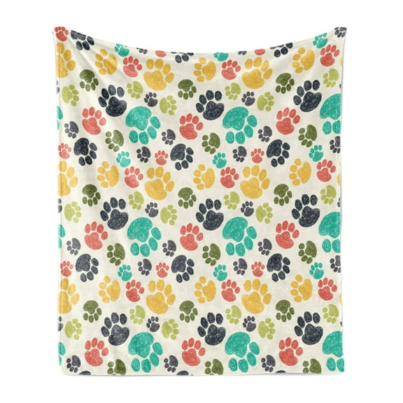 Dog Lover Soft Flannel Fleece Throw Blanket, Hand Drawn Paw Print Doodles Circular Pattern Children Drawing Style Animal, Cozy Plush for Indoor and Outdoor Use, 60" x 80", Multicolor, by Ambesonne