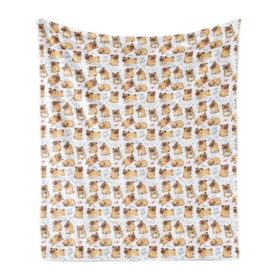 Dog Lover Soft Flannel Fleece Throw Blanket, I Love Pugs French Bulldogs Playing Rose Bouquets Hearts Listening, Cozy Plush for Indoor and Outdoor Use, 60" x 80", Pastel Brown Blue Grey, by Ambesonne