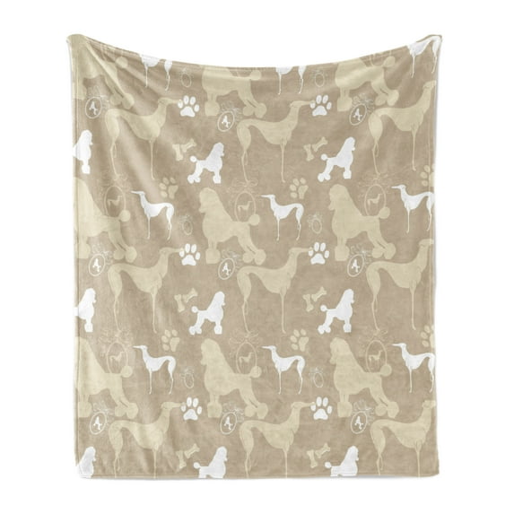Dog Lover Soft Flannel Fleece Throw Blanket, Pet Animals Accessories Leash Paw Print Bone Ornamental Abstract Illustration, Cozy Plush for Indoor and Outdoor Use, 50" x 60", Tan White, by Ambesonne