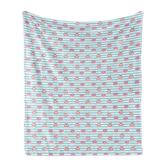 Dog Lover Soft Flannel Fleece Throw Blanket, Pug Heart Glasses in Donuts Striped Backdrop, Cozy Plush for Indoor and Outdoor Use, 70" x 90", Multicolor, by Ambesonne