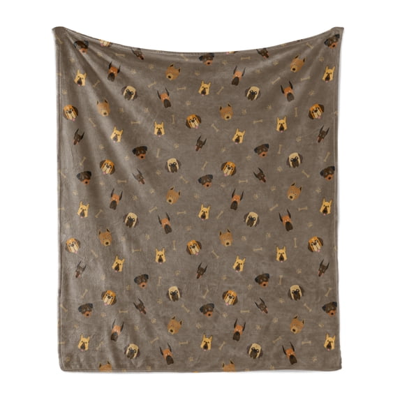Dog Lover Soft Flannel Fleece Throw Blanket, Repetitive Pattern of Pet Heads Paw Prints and Bones, Cozy Plush for Indoor and Outdoor Use, 60" x 80", Multicolor, by Ambesonne