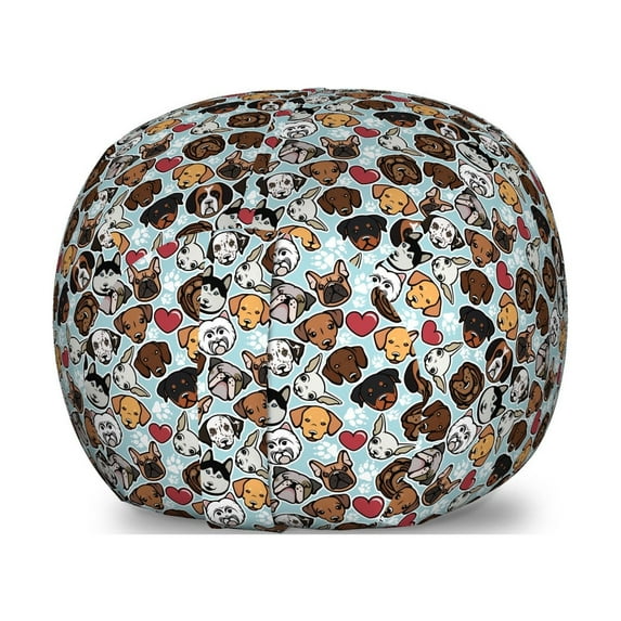 Dog Lover Storage Toy Bag Chair, Canine Breeds Bulldog Chihuahua Siberians and Retriever Love Heart Paw Prints, Stuffed Animal Organizer Washable Bag, Large Size, Multicolor, by Ambesonne