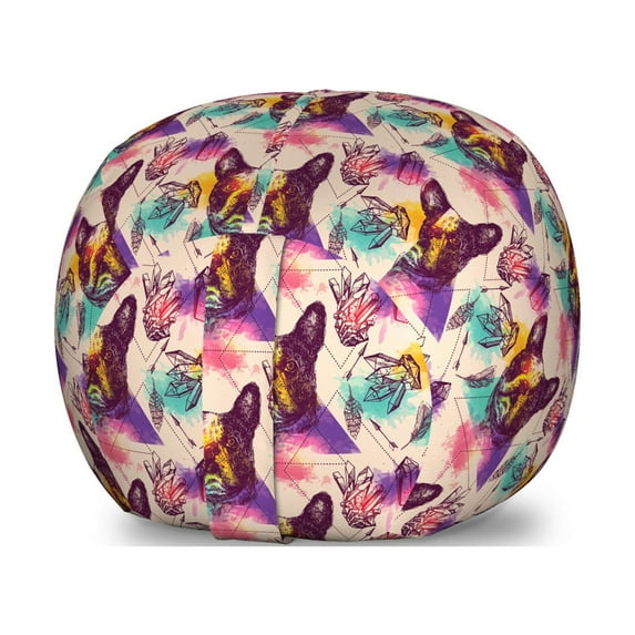 Dog Lover Storage Toy Bag Chair, Colorful Crystals Pattern Triangles Sixties Inspired Psychedelic Boston Terrier, Stuffed Animal Organizer Washable Bag, Small Size, Multicolor, by Ambesonne