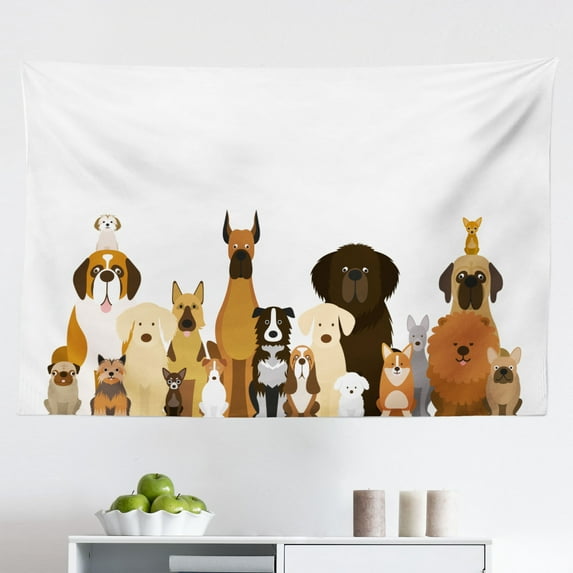 Dog Lover Tapestry, Cartoon Illustration of Funny Pet Breeds in Various Sizes and Sides Graphic, Fabric Wall Hanging Decor for Bedroom Living Room Dorm, 2 Sizes, Multicolor, by Ambesonne