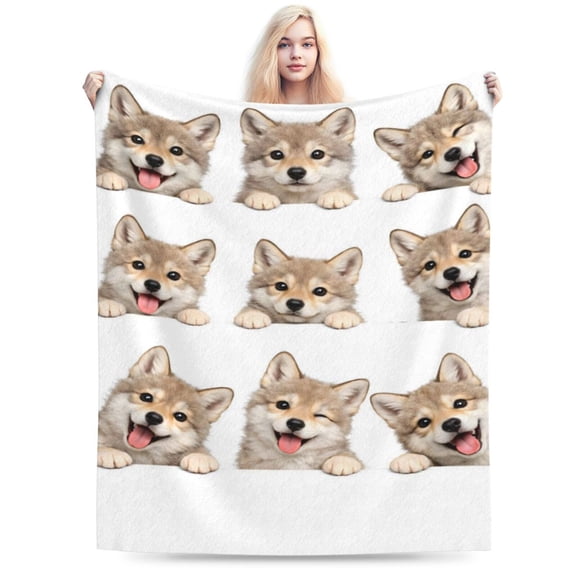 Dog Lover Throw Blanket, Playful Puppy Face Pattern Fleece Blanket, Cozy Pet Theme Blanket for Sofa Couch Bedroom 50x40