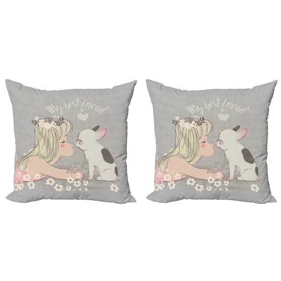 Dog Lover Throw Pillow Cushion Cover Pack of 2, Girl and Little Puppy Doodle with My Best Friend Calligraphy, Zippered Double-Side Digital Print, 4 Sizes, Multicolor, by Ambesonne