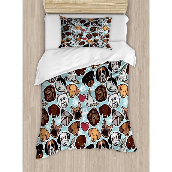 Dog Lover Twin Size Duvet Cover Set, Canine Breeds Bulldog Chihuahua Siberians and Retriever Love Heart Paw Prints, Decorative 2 Piece Bedding Set with 1 Pillow Sham, Multicolor, by Ambesonne