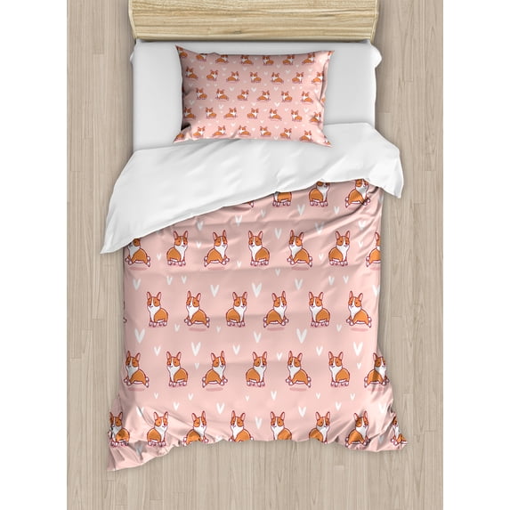 Dog Lover Twin Size Duvet Cover Set, Cute Little Corgi Jumping Running and Standing Cartoon Hearts Background, Decorative 2 Piece Bedding Set with 1 Pillow Sham, Coral Orange White, by Ambesonne