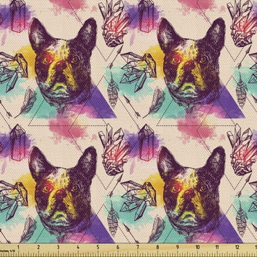 Dog Lover Upholstery Fabric by the Yard, Colorful Crystals Pattern Triangles Sixties Inspired Psychedelic Boston Terrier, Decorative Fabric for DIY and Home Accents, 1 Yard, Multicolor by Ambesonne