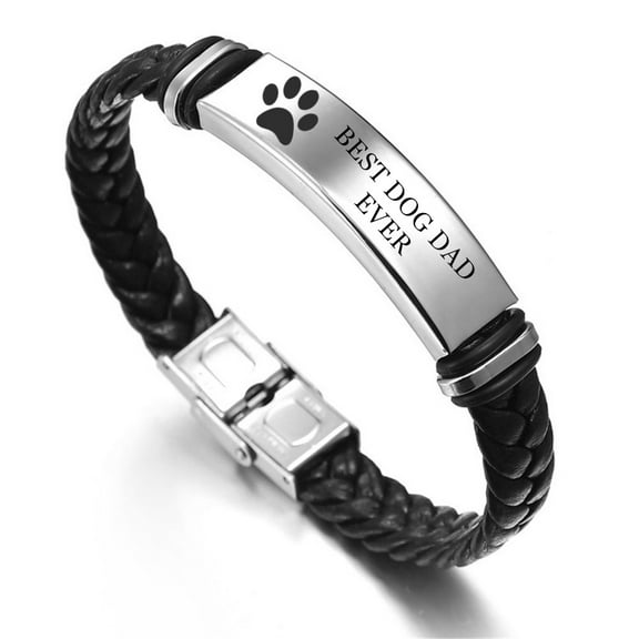 Dog Lover Valentines Dad Gift Customized Name Leather Bracelet Dog Dad Jewelry for Boyfriend Girlfriend Pet Owner Gifts Idea, 8.26 inches, Black