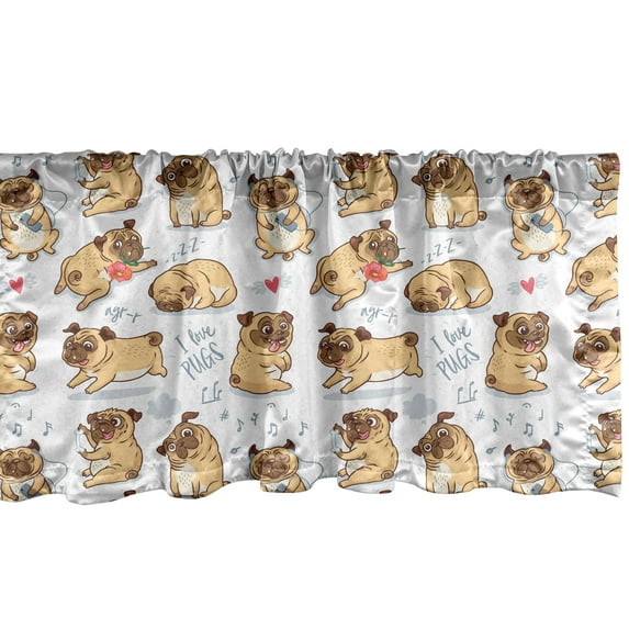 Ambesonne Dog Lover Valance Pack of 2, Funny Cartoon Humor Pugs, 54"X12", Pastel Brown Blue Grey