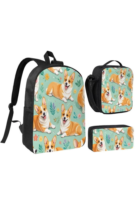 Dog Lovers Corgi Backpack Set 3pc Including Backpack, Lunch Bag and Pen Bag Combination