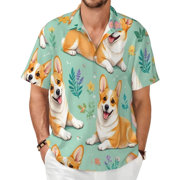 Dog Lovers Corgi Men's Shirts Short-Sleeved with All-Over Prints Button-Up Shirts