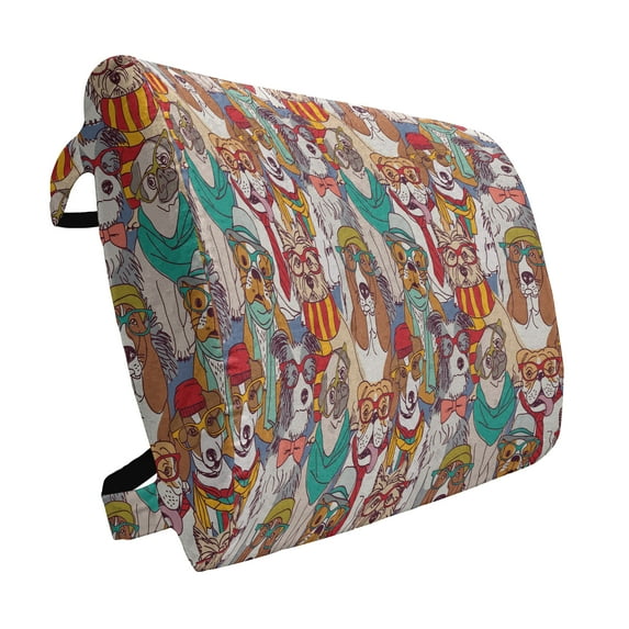 Dog Lumbar Pillow, Hipster Bulldog Schnauzer Pug Breeds Glasses Hats Scarf Pattern Colorful Cartoon, Soft Back Cushion for Office Chairs with Adjustable Straps, 14" x 13", Multicolor, by Ambesonne
