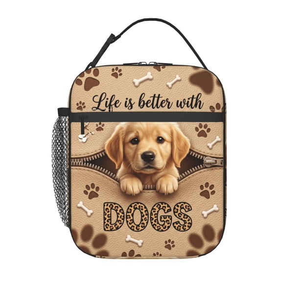 Dog Lunch Bag, Cute Puppy Zipper Reusable Thermal Insulated Lunch Box For Women Men, Lunch Tote For Office Workplace Travel, Leopard Print Cooler Bag