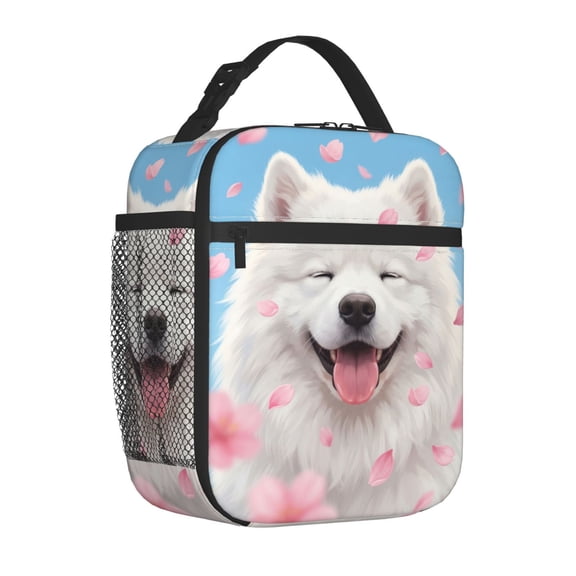 Dog Lunch Bag, Fluffy Smiling Samoyed Insulated Tote, Reusable High-Density Insulation Carrier, Cute White Pet Patterned Meal Box For Office Work