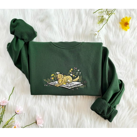 Dog Lying On Book With Flower Embroidered Sweatshirt