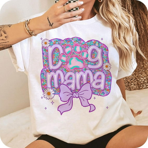 Dog Mama Shirt, Preppy Dog Mom Flower Tee, Glitter Dog Lover T-Shirt, Gift for Mom, Cute Coquette Pet Owner Shirt, Mom Life Tee