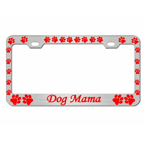 Dog Mama Style Heavy Duty Metal License Plate Frame Personalise/Car Accessories Car Tag Holder Cover (Chrome/red)