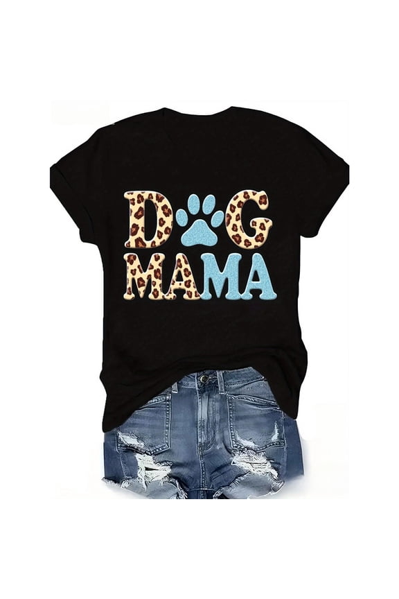 Dog Mama T-Shirt Graphic Tee Leopard Top Paw Print Design Cotton Short Sleeve Casual Black S-5XL
