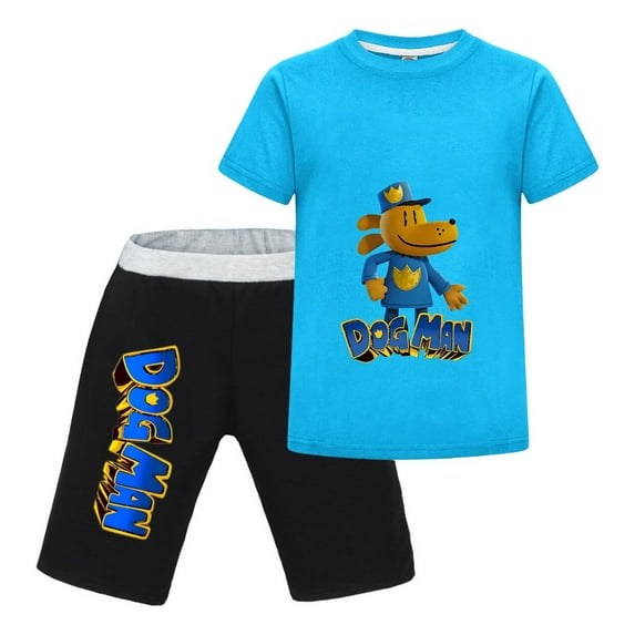 Dog Man 3D Hero Close-Up Design Kids Outfit Set – Boys Girls Short-Sleeve Graphic T-Shirt and Shorts 2-Piece Cartoon Clothing for Summer Play, Sleepwear, or Casual Wear