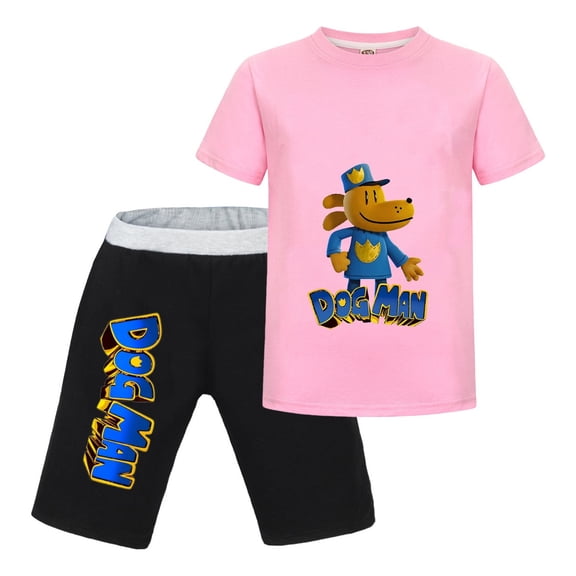 Dog Man 3D Hero Close-Up Design Kids Outfit Set – Boys Girls Short-Sleeve Graphic T-Shirt and Shorts 2-Piece Cartoon Clothing for Summer Play, Sleepwear, or Casual Wear