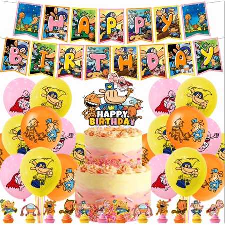 Dog Man Birthday Party Decorations Theme Birthday Party Supplies Include 1pc Happy Birthday Banner, 16pcs Balloons, 12pcs Cake Toppers and 1pc Cupcake Toppers