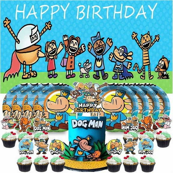 Dog Man Birthday Plates Supplies Decorations Decor Backdrop Banner Cake Topper Background