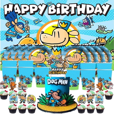 Dog Man Birthday for Boy Cups Party Supplies Decor Backdrop Paper Plates Fans Decorations Banner