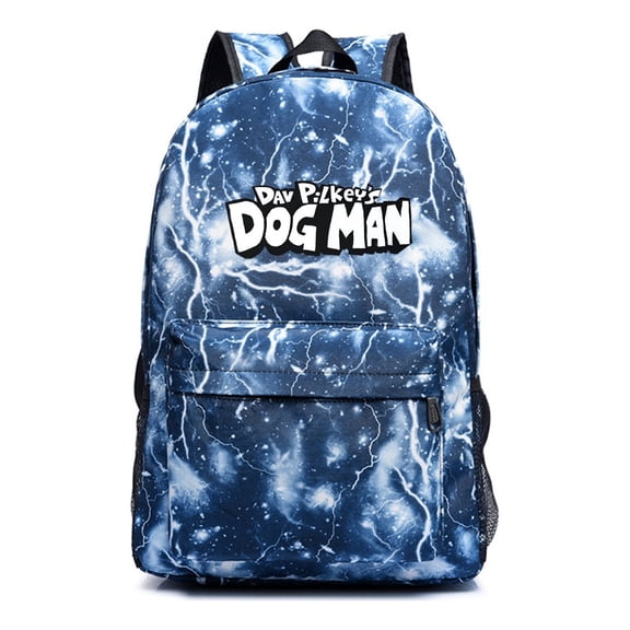 Dog Man Blue Backpack with Starry Night Lightning Design, Cool Anime Laptop Daypack for Students, Lightweight and Spacious