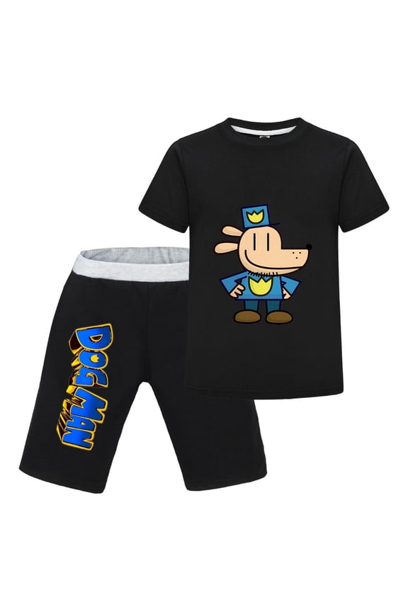 Dog Man Cartoon Pose Kids Outfit Set – Boys Girls Short-Sleeve Graphic T-Shirt and Shorts 2-Piece Cartoon Clothing for Summer Play, Sleepwear, or Casual Wear