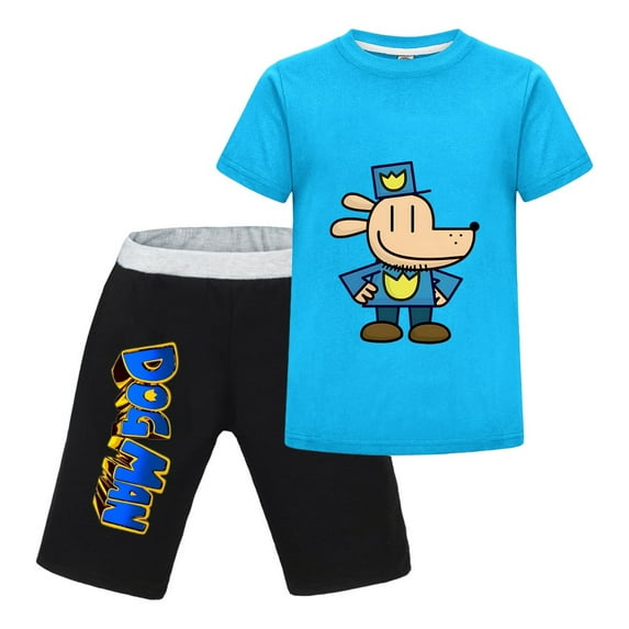 Dog Man Cartoon Pose Kids Outfit Set – Boys Girls Short-Sleeve Graphic T-Shirt and Shorts 2-Piece Cartoon Clothing for Summer Play, Sleepwear, or Casual Wear