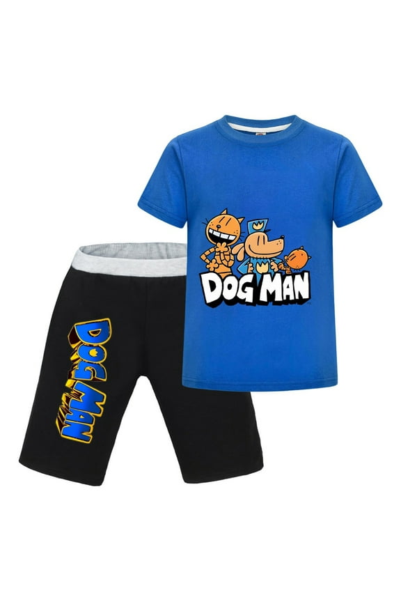Dog Man & Cat Character Group Kids Outfit Set – Boys Girls Short-Sleeve Graphic T-Shirt and Shorts 2-Piece Cartoon Clothing for Summer Play, Sleepwear, or Casual Wear